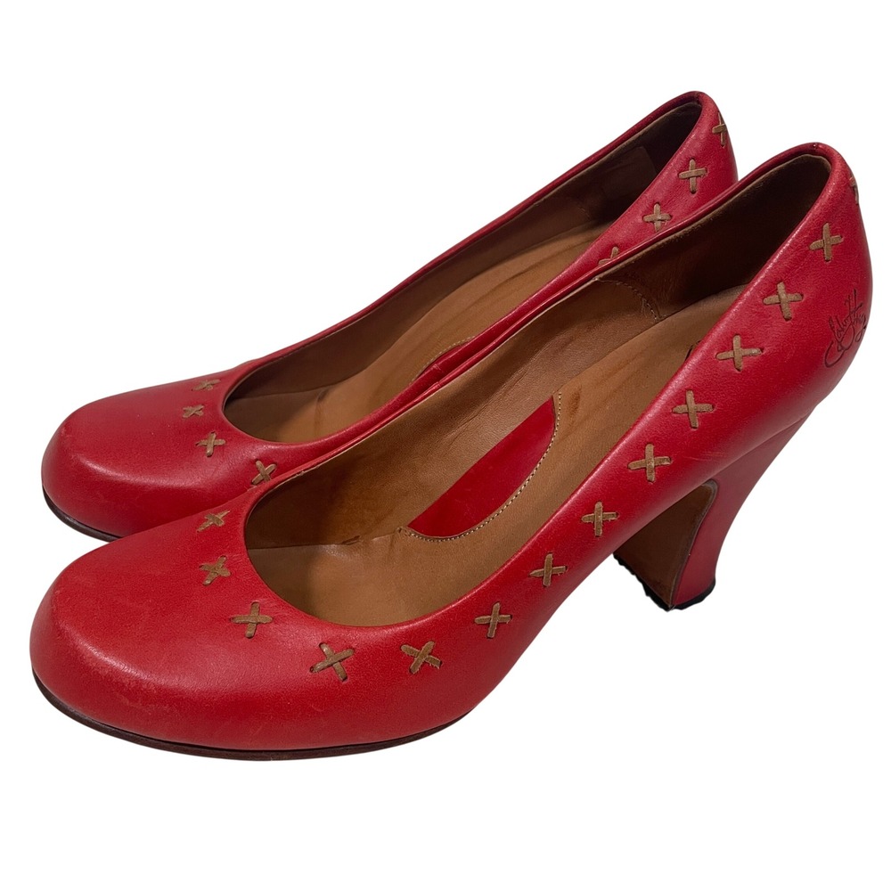 John Fluevog Red Leather Pumps Cross Stitch Round Toe Heels Whimsy Designer 8.5